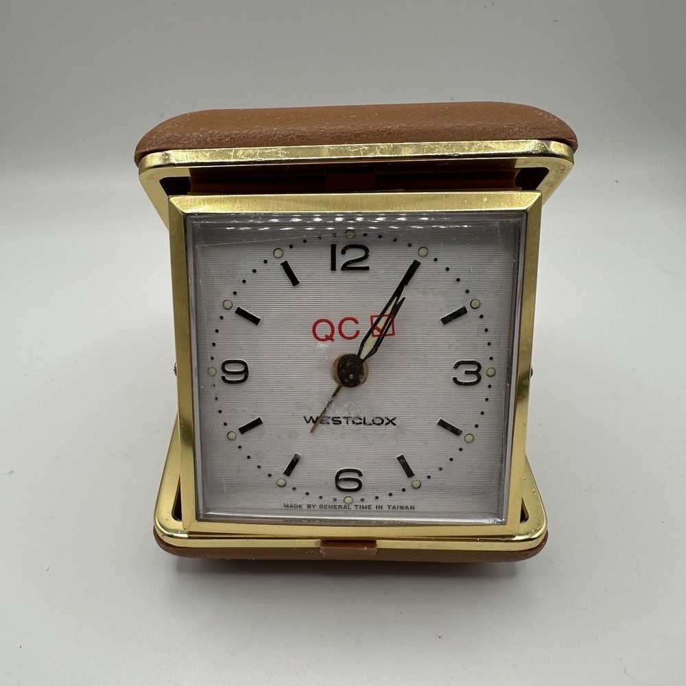 New Vintage WESTCLOX Travel Alarm Clock Folding Case Brown Retro - Working